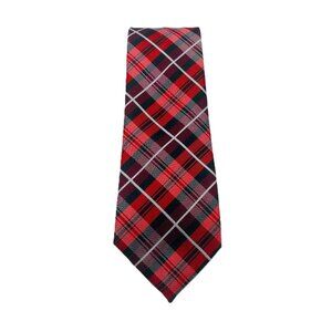 BARRY WANG Hand Tailored 100% Silk Red & Silver Plaid Neck Tie